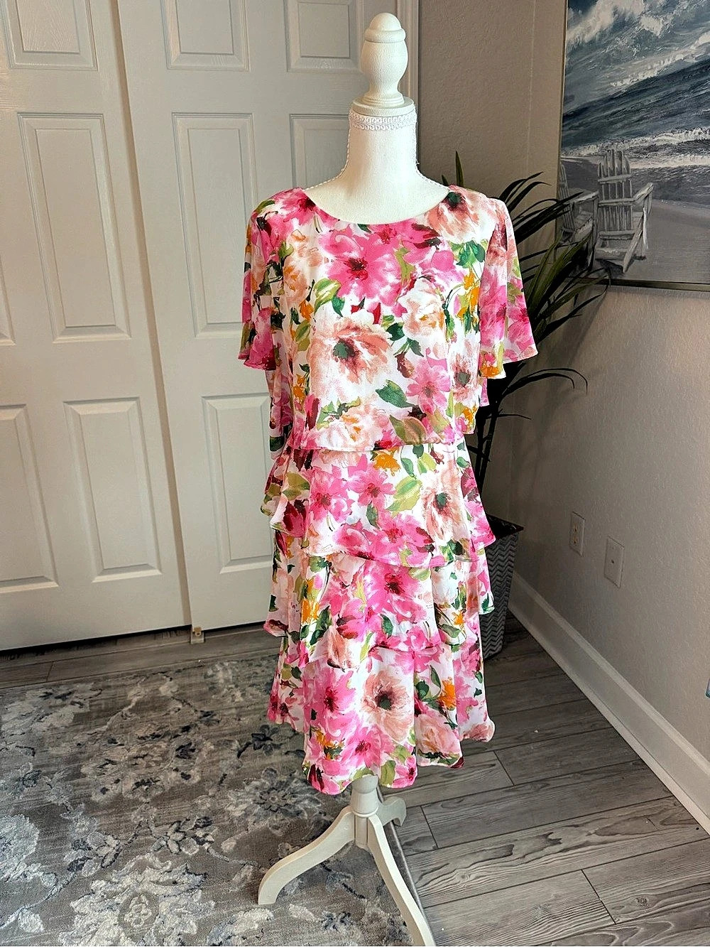 JH Floral Overlay Tiered Midi Dress in Pink Size Medium